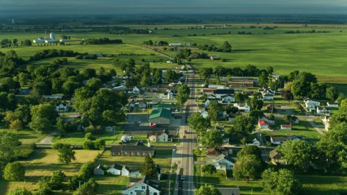 Main Street Running Through Small Ohio Town – Aerial