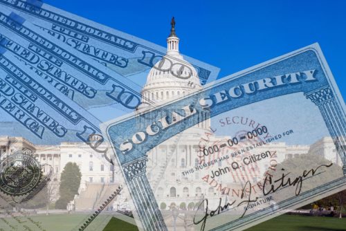 Fake Medicare card and US currency superimposed on US capitol building.