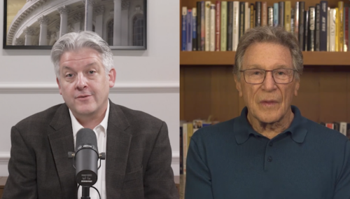Two men conducting a podcast interview about retirement and longevity.