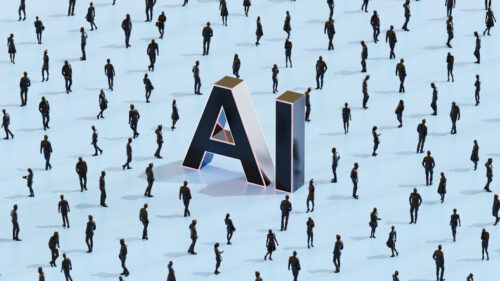 Letters AI surrounded by workers.